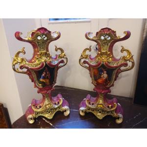 Pair Of Paris Porcelain Rocaille Style Vases Late 19th Century